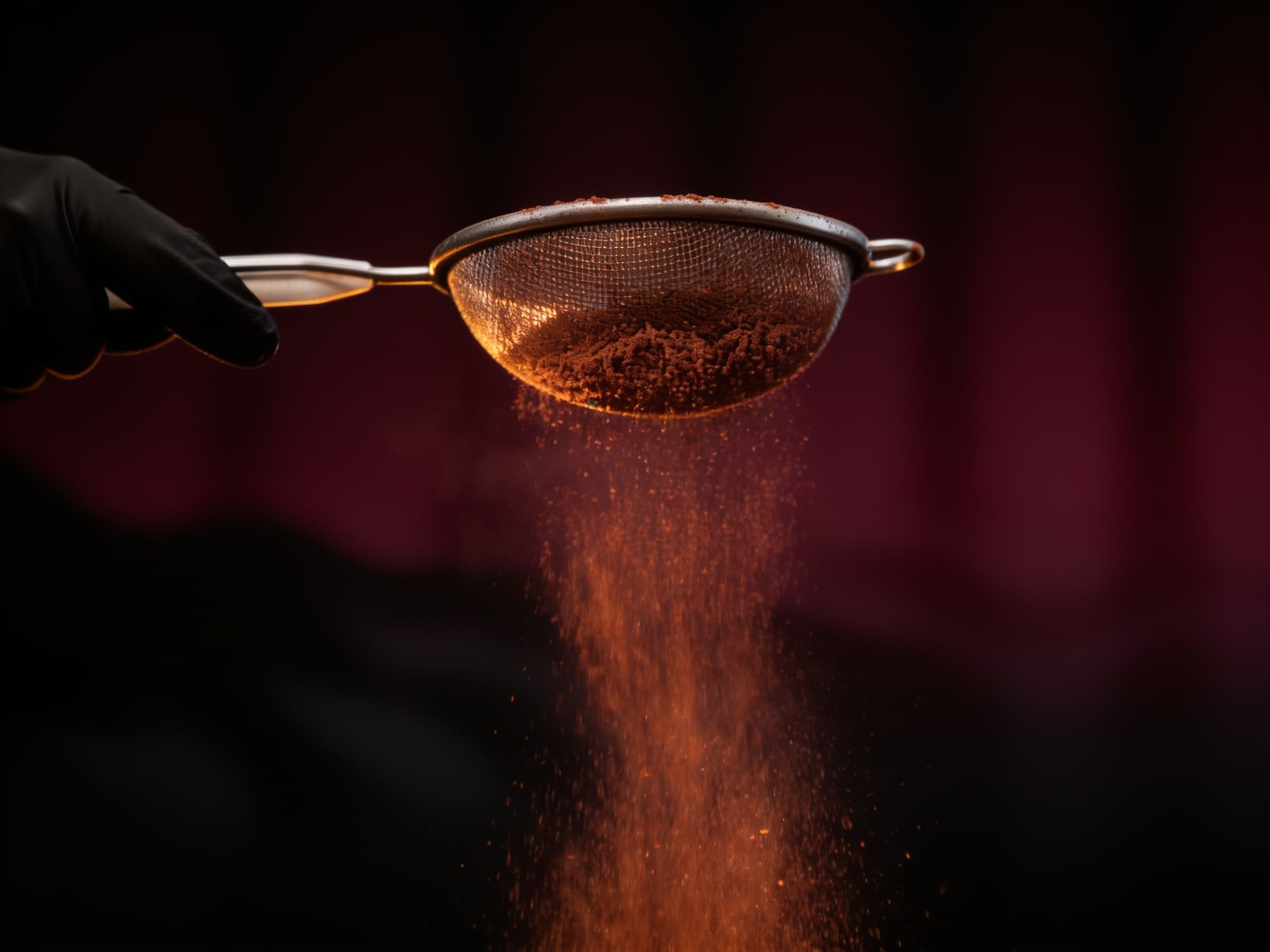 A gloved hand taps a fine sieve, sending a column of cocoa powder falling through a shaft of light.