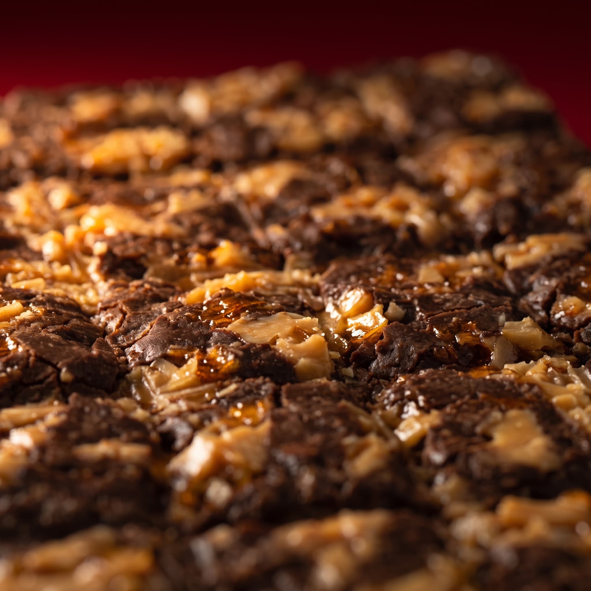 Close-up of a chocolate slab crowded with caramelised almonds, lit warm against a red ground.