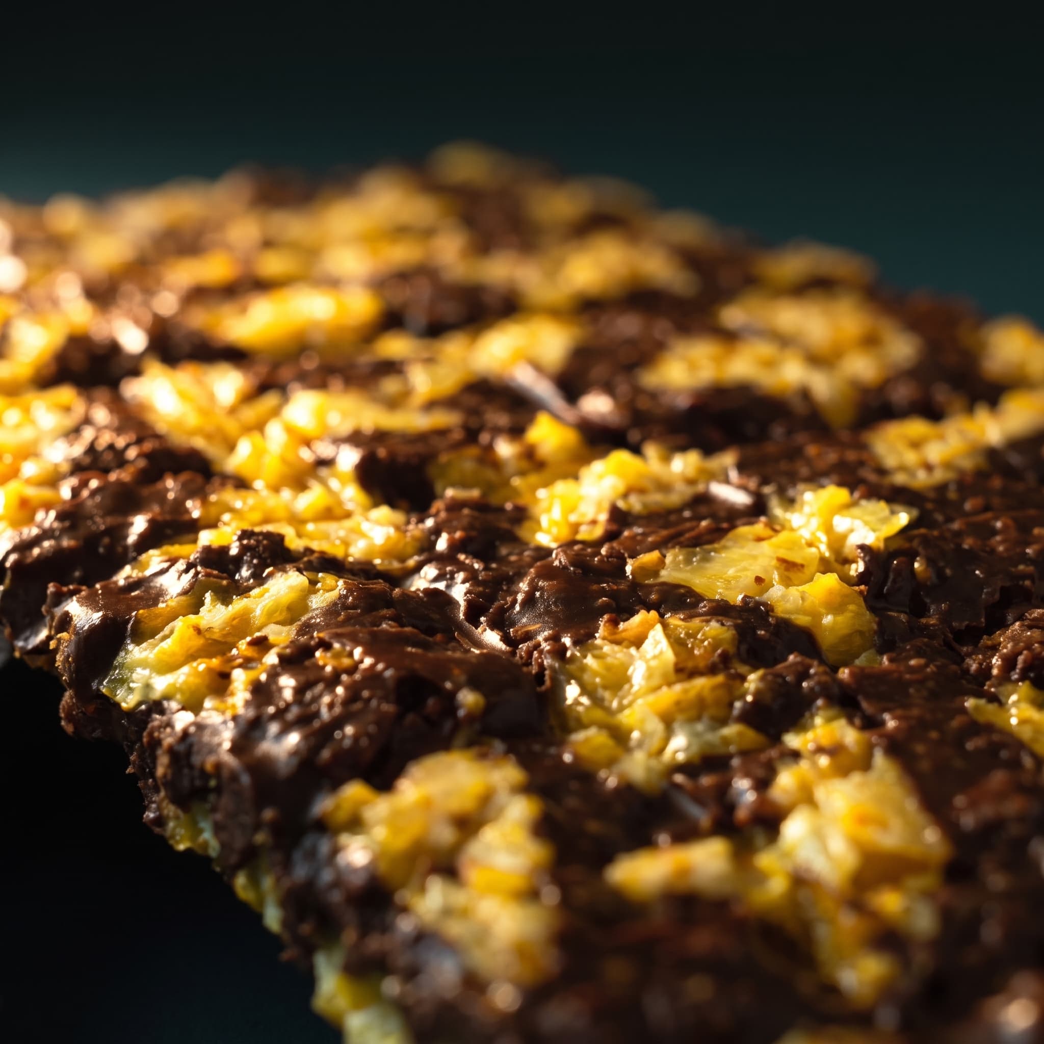 Dark chocolate studded with candied citrus pieces, shot at a low angle against a deep teal ground.