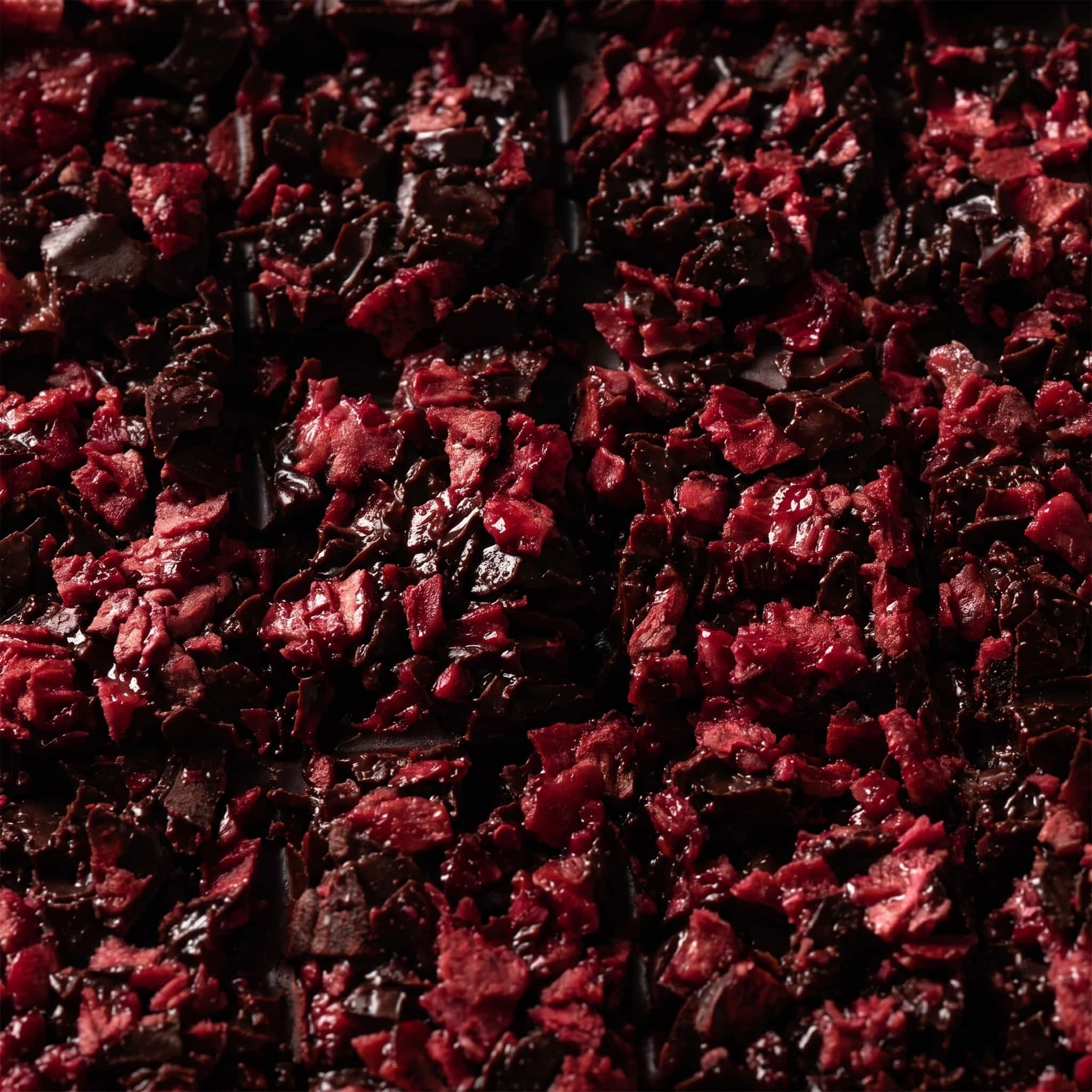Tight macro of dark chocolate scattered with freeze-dried raspberry pieces in reds and near-black.